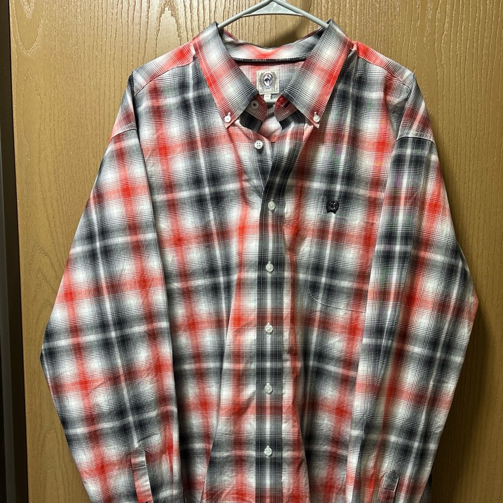 Cinch Men Long Sleeve Red Plaid Cotton Button-Down Shirt‎ Size XL
